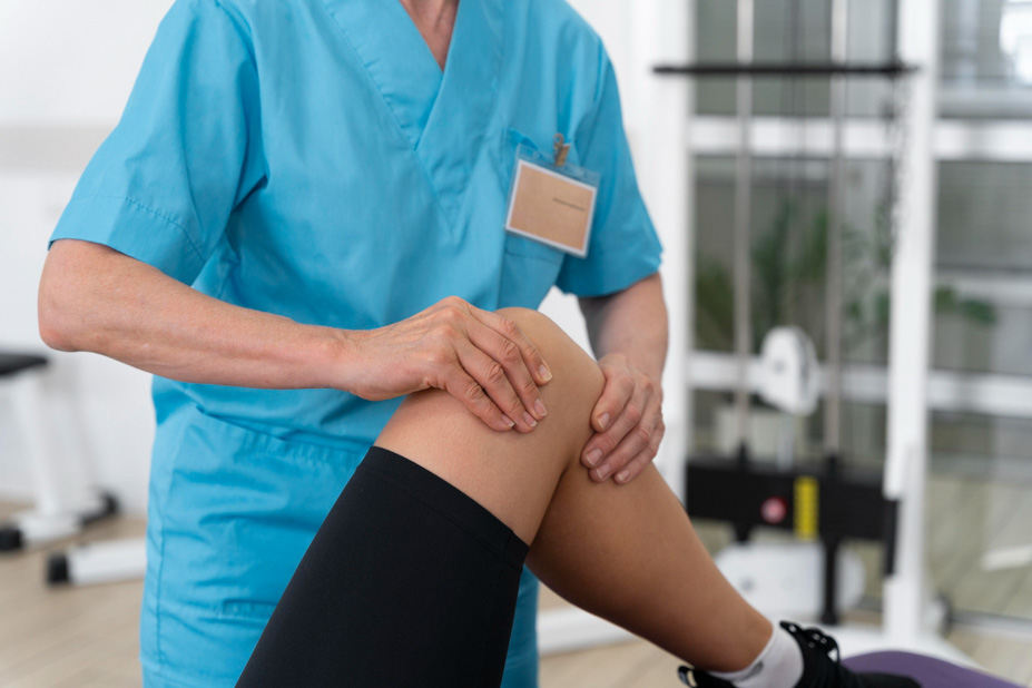 Γυναίκα αντιμετωπίζει τον πόνο στο γόνατο με φυσικοθεραπεία. Φυσιοθεραπευτής κάνει μασάζ στο πονεμένο γόνατό της.